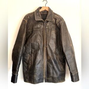 Kenneth Cole New York Men’s L Heavyweight Distressed Brown Leather Jacket Patina
